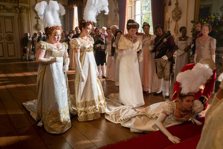 Ben Miller, Polly Walker, Nicola Coughlan, Bessie Carter, and Harriet Cains in Bridgerton: Diamond of the First Water (2