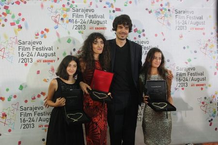 Lika Babluani, Nana Ekvtimishvili, Simon Gross and Mariam Bokeria at the Sarajevo Film Festival, receiving The Heart of 