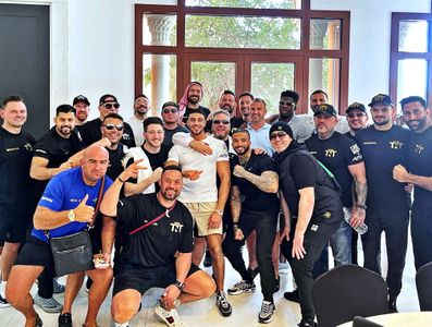 Tommy Fury, John Fury, David Adeleye, Brendan Lyons, Hughie Fury, Tyson Fury, and Joseph Parker in BT Sport Fight Night 