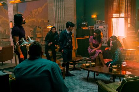 Elliot Page, David Castañeda, Justin H. Min, Aidan Gallagher, and Emmy Raver-Lampman in The Umbrella Academy: Valhalla (