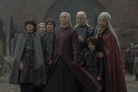 Elliot Grihault, Matt Smith, Harry Collett, Emma D'Arcy, and Phoebe Campbell in House of the Dragon (2022)