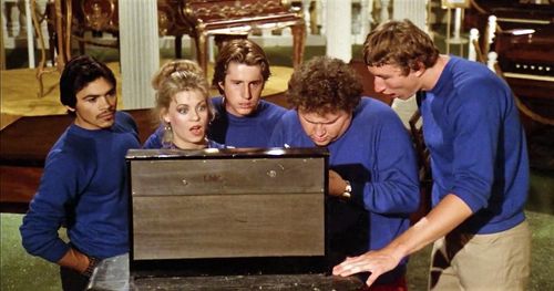Patricia Alice Albrecht, Brian Frishman, Stephen Furst, Sal Lopez, and Andy Tennant in Midnight Madness (1980)