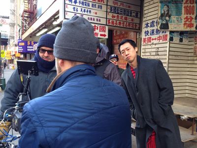 Paul Sado and Stephen Lin on set for The Cobbler (2014)