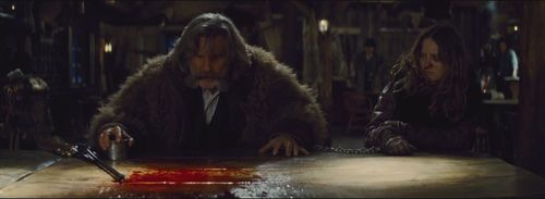 Samuel L. Jackson, Jennifer Jason Leigh, Michael Madsen, Tim Roth, Kurt Russell, and Demián Bichir in The Hateful Eight 