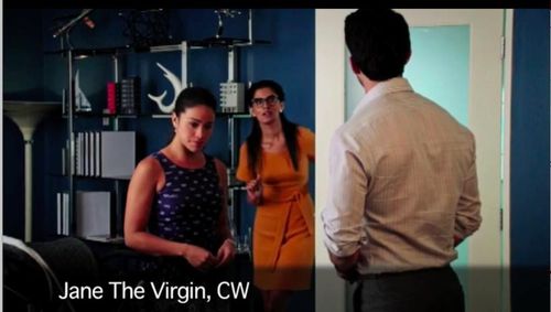 Gina Rodriguez, Justin Baldoni and Shelly Bhalla in Jane the Virgin