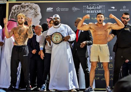 Tommy Fury, Brendan Lyons, Dereck Chisora, and Jake Paul in BT Sport Fight Night Live: Jake Paul vs. Tommy Fury: Weigh-I