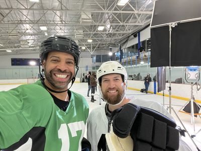 Mark Huber and Chris Nelson filming a T-Mobile 5G Commercial (2022)