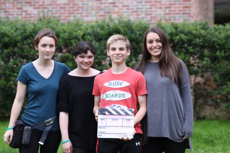 Writer Kate Montgomery, Director Jessica Adler, Logan Reinhart and Producer Stephanie Serra on the set of Christine. Mar