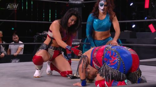 Hikaru Shida, Melissa Cervantes, and Ryo Mizunami in All Elite Wrestling: Revolution (2021)