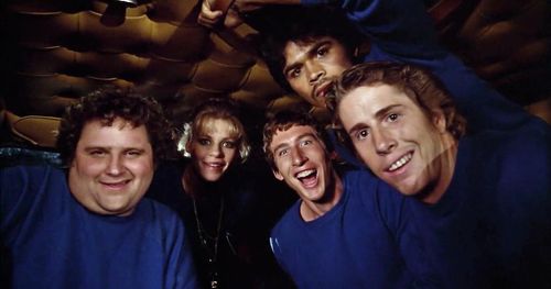 Patricia Alice Albrecht, Brian Frishman, Stephen Furst, Sal Lopez, and Andy Tennant in Midnight Madness (1980)