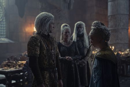 Eve Best, Steve Toussaint, Theo Nate, and Milly Alcock in House of the Dragon (2022)