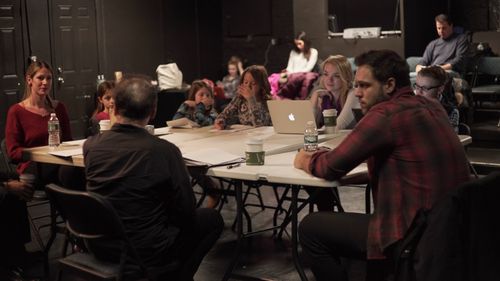 Table Reading and dialect training session with the cast of Pickings. Taso Mikroulis, Katie Vincent, Eila Francis, Chris