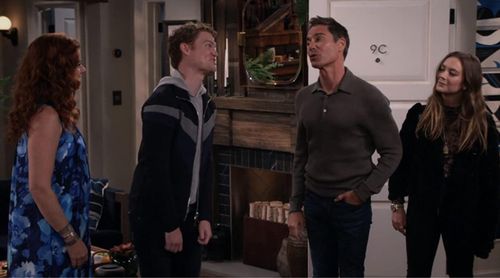 Peter Graham, Debra Messing, Eric McCormack & Billie Lourd in Bi-Plane (Will & Grace)