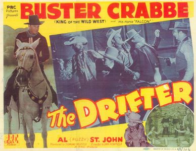 Jimmy Aubrey, Ray Bennett, Buster Crabbe, Jack Ingram, Carol Parker, Al St. John, and Falcon the Horse in The Drifter (1