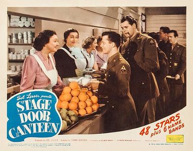 Sunset Carson, Katharine Cornell, Dorothy Fields, Aline MacMahon, and Lon McCallister in Stage Door Canteen (1943)