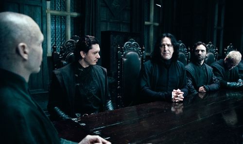 Ralph Fiennes, Alan Rickman, Arben Bajraktaraj, and Rod Hunt in Harry Potter and the Deathly Hallows: Part 1 (2010)