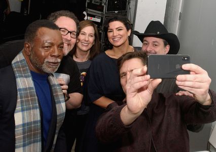 Carl Weathers, Kathleen Kennedy, Pedro Pascal, Jon Favreau, Dave Filoni, and Gina Carano at an event for The Mandalorian