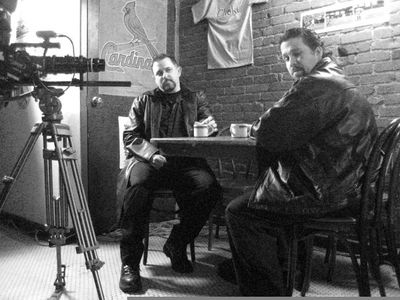 Behind the scenes on Rain in Hell. Pictured here with writer and star Mickey Stone.