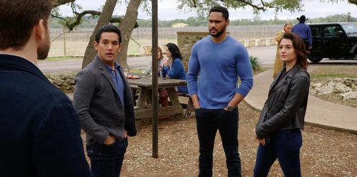 Keegan Allen, Ashley Reyes, Matt Pascua, and Jeff Pierre in Walker: Daddy Was a Bank Robber (2023)