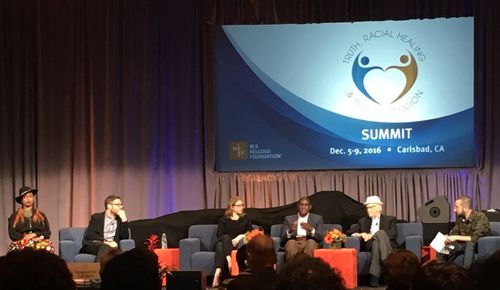 AJ Jones, Josh Kun, Norman Lear, J.Period and Rebecca Teitel panel at Truth, Racial Healing and Transformation Summit
