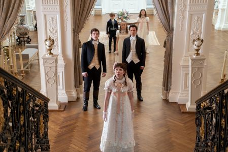 Florence Hunt, Luke Thompson, Ruby Stokes, Luke Newton, Claudia Jessie, and Will Tilston in Bridgerton: Diamond of the F