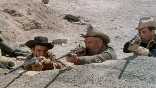 William Holden, William Campbell, and William Demarest in Escape from Fort Bravo (1953)
