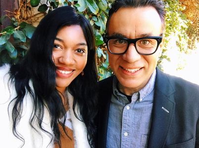 Farida Amer on set with Fred Armisen, 2018