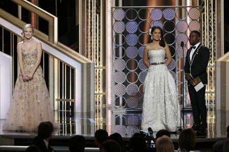 Salma Hayek, Kevin Hart, and Greer Grammer at an event for 72nd Golden Globe Awards (2015)