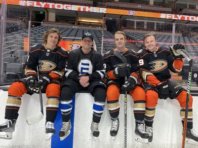 Trevor Zegras, Mark Huber, Troy Terry, and Max Jones filming The Mighty Ducks: Game Changers (2022)