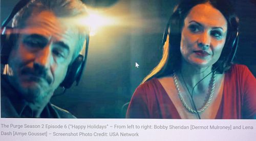Dermot Mulroney as Bobby Sheridan and Amye Gousset as Lena Dash on The Purge 2.