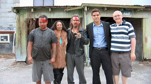 On set: David Whittet (Director) with John Stainton (Koriata),Lisa Beach (Alice) and gangster extras.