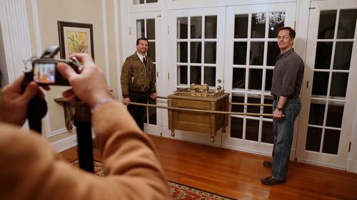 Chris Strompolos and Eric Zala hold their replica of the Ark of the Covenant.