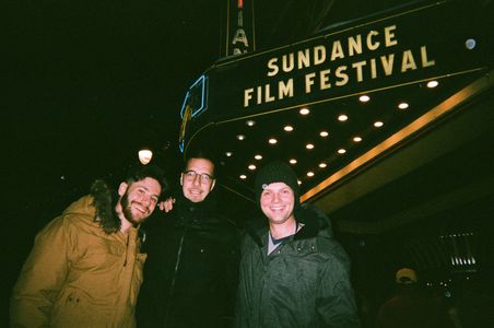 Grant Conversano, Abraham Bengio, and Trent Spivey outside the Egyptian Theater at the 2018 Sundance Film Festival.