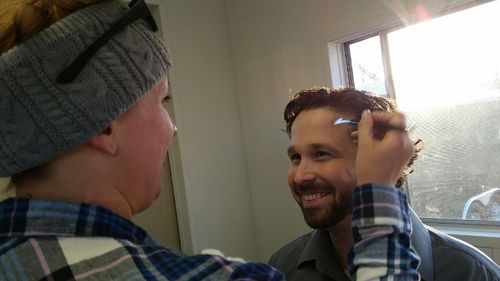 in hair/makeup on set of The Weight. 2015