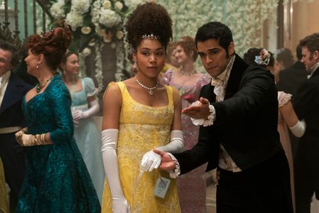 Polly Walker, Bessie Carter, Anand Desai-Barochia, and Ruby Barker in Bridgerton: Art of the Swoon (2020)