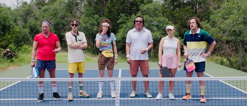 Damon Waters, Joey Meritis, Tiffany McDonald, Liza Slaughter, Garrett Davis, and Paul Addison in The Pickleball Murders 