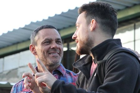 Nelson Bonilla and Sterling Hurst on set during the production of SMALL GROUP.