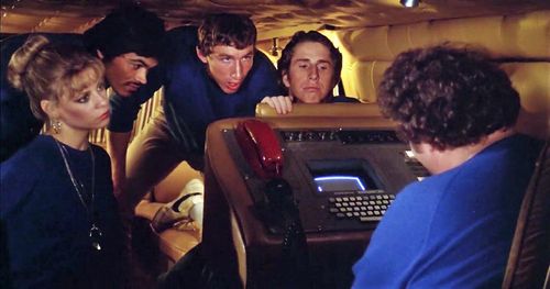 Patricia Alice Albrecht, Brian Frishman, Stephen Furst, Sal Lopez, and Andy Tennant in Midnight Madness (1980)