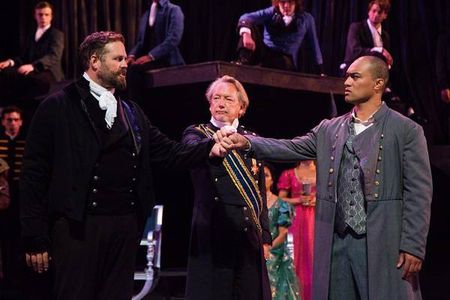 Shakespeare Orange County's HAMLET. L-David Denman, M-John Walcutt, and Tavale as LAERTES.