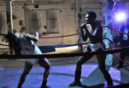 Rehearsing the fight scene with Lisa Berry in the Mr. Viral feature film