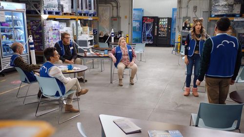 Steve Agee, Amir M. Korangy, Kelly Schumann, Nichole Sakura, Nico Santos, and Selisha Shertick in Superstore: Conspiracy