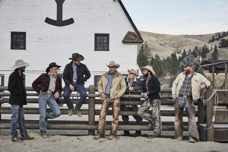 Ryan Bingham, Forrie J Smith, Cole Hauser, Kevin Costner, Jefferson White, Denim Richards, and Luke Peckinpah on Yellows