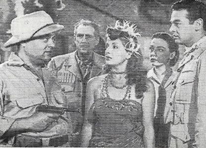 J. Edward Bromberg, Robert Lowery, John Miljan, Patricia Morison, and Amira Moustafa in Queen of the Amazons (1947)