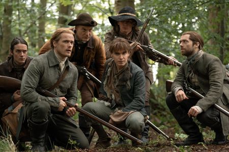 César Domboy as Fergus, Sam Heughan as Jamie Fraser, Jack Tarlton as Kenny Lindsay, Paul Gorman as Josiah Beardsley and 
