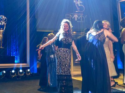 Sonia Blangiardo on stage at the 2018 Daytime Emmy Awards accepting w/ her team Outstanding Directing Team for a Drama S