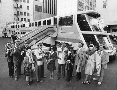 Cast of THE BIG BUS, Paramount, 1976, Stockard Channing, Joseph Bologna, Rene Auberjonois, Ned Beatty, Bob Dishy, Jose F