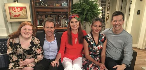 Carly Dutcher with the cast of Will & Grace