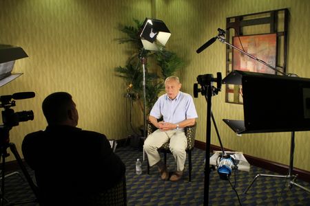 Director Mike Acosta on set of UFO documentary with Chief of Operations, Belgium Air Staff, General Wilfred de Brouwer.
