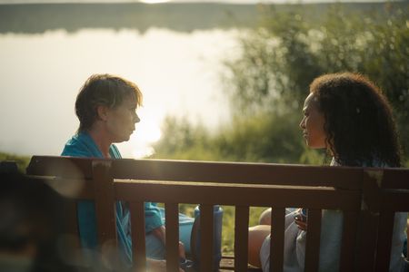 Cat White and Celia Imrie on set of Fifty-Four Days