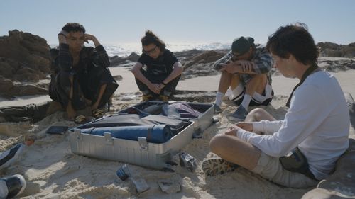 Charles Alexander, Miles Gutierrez-Riley, Aidan Laprete, and Nicholas Coombe in The Wilds: Day 34/12 (2022)